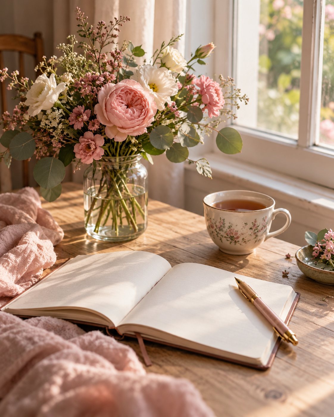 Libreta abierta, taza de té y flores rosadas junto a una ventana